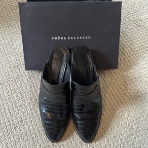 Freda Salvador black leather crocodile backless loafers